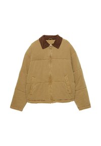 Polstret jakke i tanfarvet stof med en brun fløjlskrave, med en frontlynlås og to sidelommer. Struktureret design med stitched paneler.