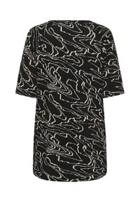 Czarna sukienka z krótkim rękawem z beżowym, abstrakcyjnym wzorem falistych linii, okrągłym dekoltem i luźnym fasonem, pokazana od tyłu.