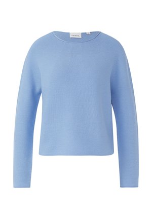 Jasnoniebieski, długi sweter z dzianiny z długim rękawem, okrągłym dekoltem i lekko skróconym, luźnym krojem.