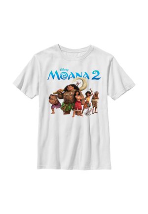 Biała koszulka z logo Disney Moana 2 i głównymi postaciami z filmu stojącymi razem, w tym Moaną, Mauim i świnką.