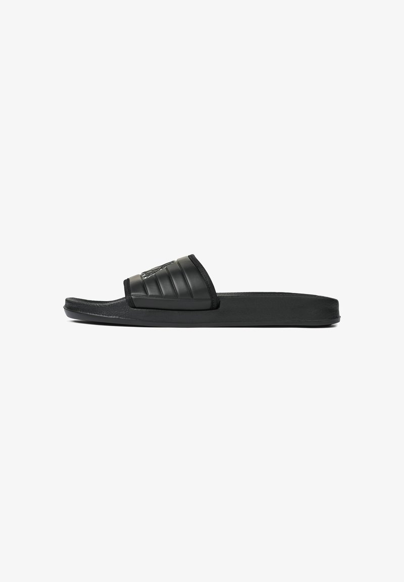 Black slide sandals with a textured strap featuring linear accents, rubberized material, and a flat sole. Simple, minimalistic design without logos.