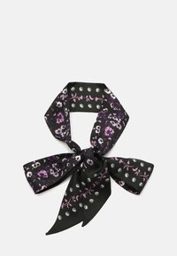 Sort silk tørklæde med lilla blomsterprint og grå polkaprikker. Det er bundet i en sløjfe, hvilket viser den glatte tekstur og det elegante design.