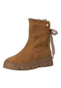 Braune Wildleder-Ankelstiefel mit Kunstfellfutter, strukturiertem Gummisohle, dekorativem Band auf der Rückseite und Knopf in Goldoptik.