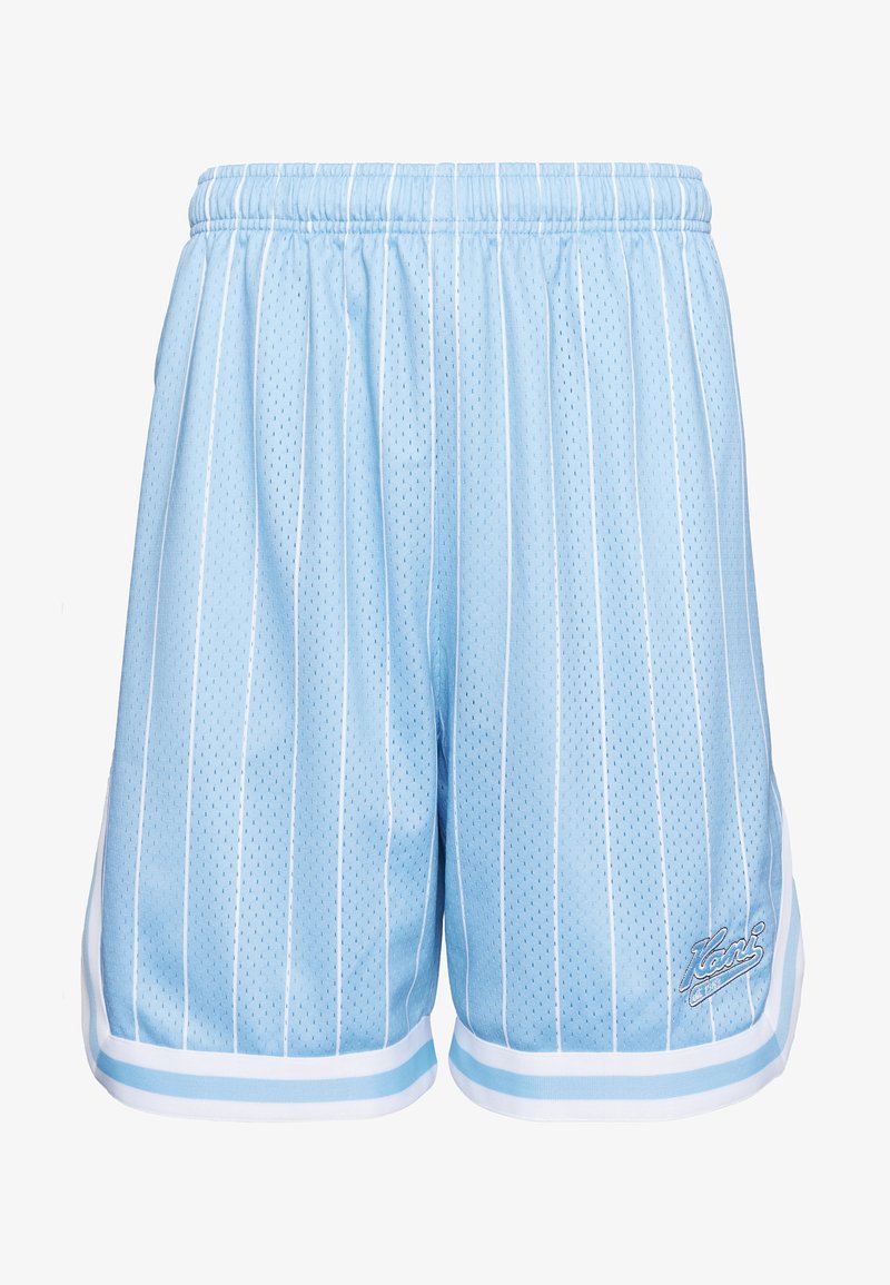 Shorts de basketball bleu clair à fines rayures verticales blanches, en tissu mesh, avec une taille élastique et une bordure blanche à l'ourlet, détail logo sur la jambe gauche.