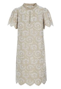 Kortärmad klänning i beige tyg med vita broderade blommönster, rund halsringning och scallopad nederkant.