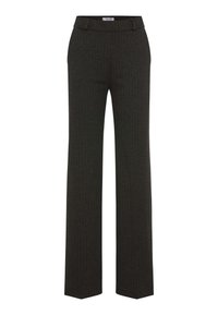 Donkergroene broek met een smal streeppatroon, met een rechte pijp, riemlussen en een gladde textuur. Gemaakt van een zachte, gestructureerde stof.