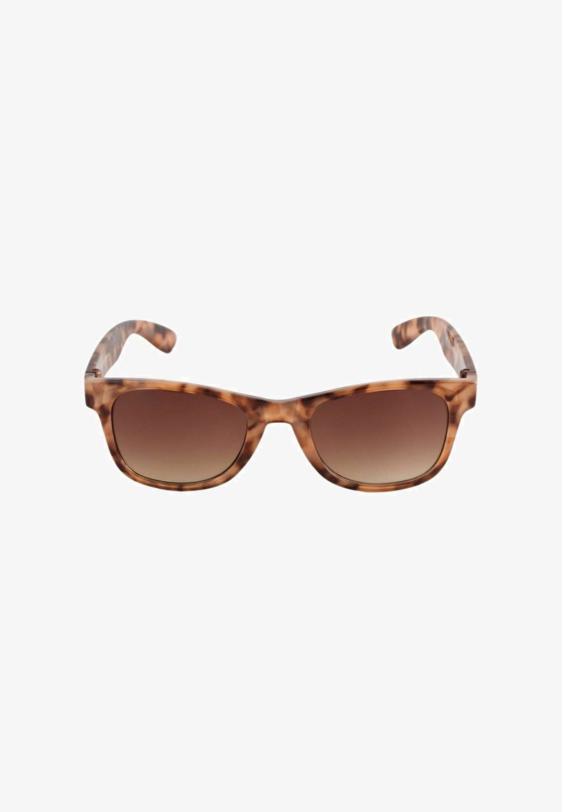 Lunettes de soleil rectangulaires avec montures en écaille de tortue et verres dégradés marron, vue de face sur fond blanc.