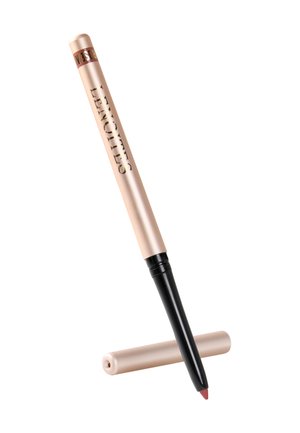 Taitettava huultenrajauskynä, jossa on beige metallinen runko, musta kärjen pidike ja sopiva beige korkki, jossa on merkintä "Lenoitles".