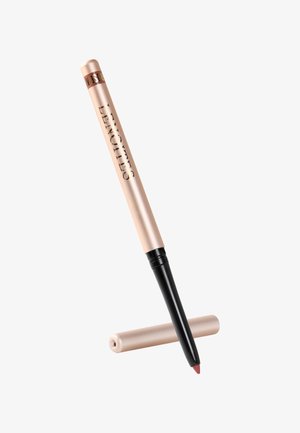 Taitettava huultenrajauskynä, jossa on beige metallinen runko, musta kärjen pidike ja sopiva beige korkki, jossa on merkintä "Lenoitles".