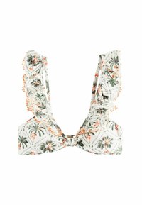 Bílý bikinový top s zeleným vzorem palmových listů a květin. Má volánkové ramínka a oranžové pom-pom detaily. Zajištěné zapínání na zádech.