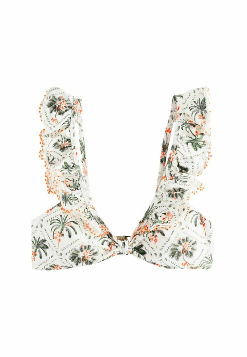 Witte bikini-top met een groen palmboom- en bloemenpatroon. Heeft ruchebandjes en oranje pomponaccenten. Beveiligde sluiting achteraan.