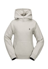 Lichtgrijze hoodie van een katoenmix, met een voorzak, ribgebreide manchetten en een grote verstelbare capuchon met twee knopen. Klein logo op de borst.