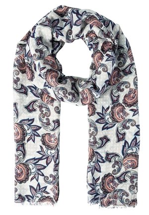 Jasnoszary szal z misternymi granatowymi i pudroworóżowymi kwiatowymi wzorami paisley, luźno złożony z postrzępionymi krawędziami.