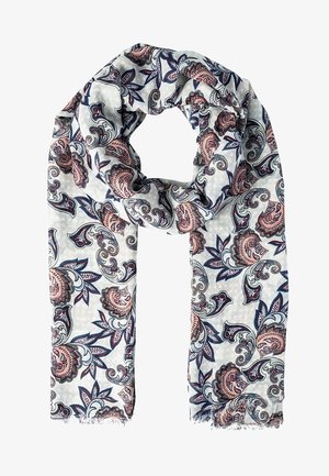 Écharpe gris clair avec des motifs complexes de fleurs paisley bleu marine et rose poussiéreux, pliée de manière lâche avec des bords effilochés.