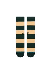 Groene en beige gestreepte sokken gemaakt van een gestructureerde stof. Het ontwerp bevat afwisselend brede strepen en een klein logo aan de zijkant.