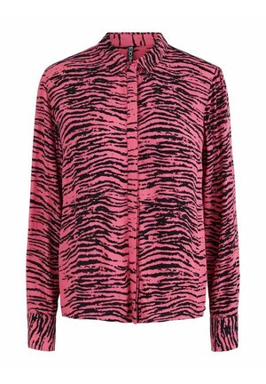 Chemise rose à manches longues avec motif rayé noir de tigre, col classique. Fabriquée en tissu léger et doux.