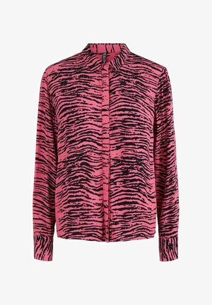 Rosa Hemd mit Knopfverschluss, featuring einem schwarzen Tigermuster, langen Ärmeln und einem klassischen Kragen. Hergestellt aus weichem, leichtem Stoff.