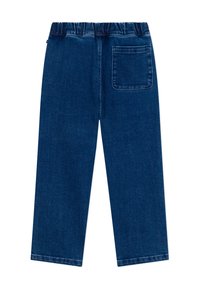 Pantaloni in denim blu scuro con vita elastica, gambe dritti e una tasca quadrata sul retro, lato destro.