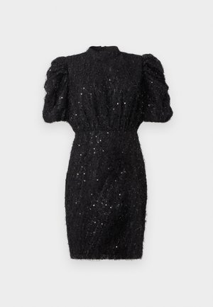 Zwart textuurjurk met pofmouwen, een hoge halslijn en een getailleerde taille. Beschikt over subtiele pailletten die een glinsterend detail toevoegen.