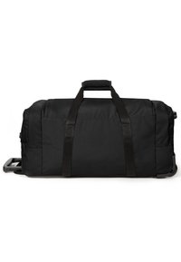Sac de sport noir de forme rectangulaire, en tissu durable, avec deux poignées supérieures et une poignée rétractable sur un côté pour un transport facile.
