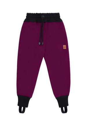 Fioletowe spodnie dresowe dla dzieci z czarnym elastycznym pasem, ściągaczami przy kostkach, sznurkami i paskami na stopach.