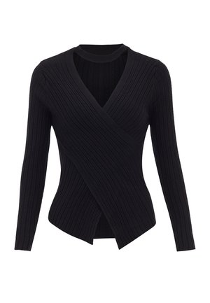 Top lung cu mansete lungi, negru, cu decolteu în V și design încrucișat. Fabricat dintr-un material texturat, având o siluetă ajustată și modele subtile.