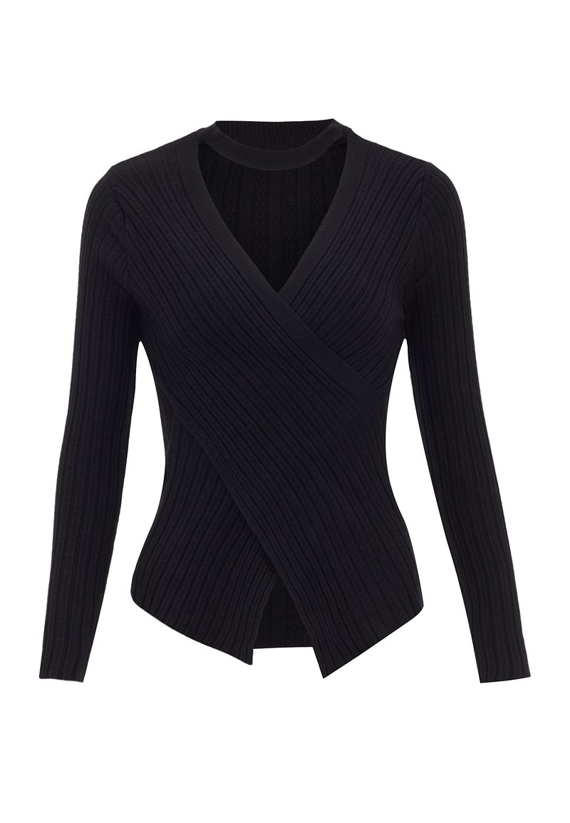 Zwart geribbelde longsleeve top met een V-hals en crossoverontwerp. Gemaakt van textuurstof, met een getailleerde pasvorm en subtiele patronen.