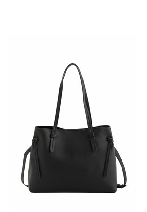 Sac fourre-tout en cuir noir avec deux longues poignées et des détails à cordon latéral, forme rectangulaire structurée, design épuré.