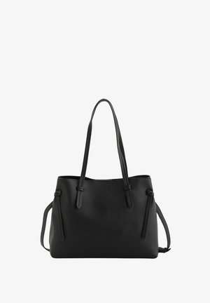 Bolso tote de cuero negro con dos asas largas y detalles laterales con cordón, forma rectangular estructurada, diseño sencillo.