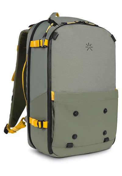 Backpack with a textured gray exterior, yellow accents and straps. Features a large front pocket and durability-focused design.