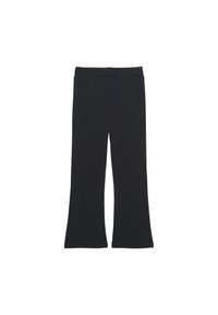 Svarta utsvängda leggings med elastisk midja, tillverkade av ett mjukt, elastiskt tyg. Slät yta utan synliga mönster eller detaljer.