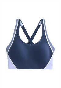 Marineblauwe sportbeha met een crossback-ontwerp, een gladde textuur en lichtblauwe accenten langs de naden en randen.