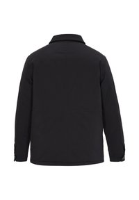 Schwarze Jacke mit klassischem Kragen, langen Ärmeln undknopfbaren Manschetten. Glatte Textur mit zwei Gesäßtaschen und tailliertem Schnitt.