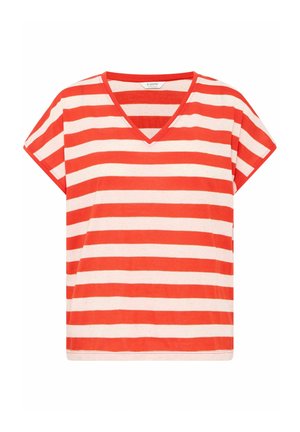 T-shirt a righe rosse e bianche con scollo a V, maniche corte, vestibilità comoda e materiale in cotone morbido. Le righe orizzontali sono uniformemente distanziate.