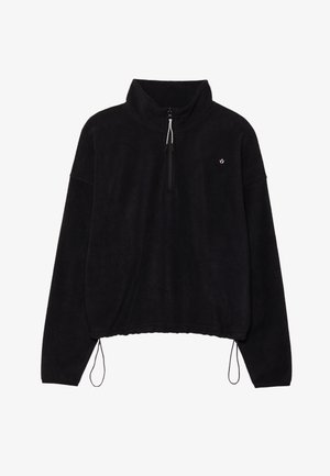 Schwarzer Fleece-Pullover mit hohem Kragen, halbem Reißverschluss und verstellbarem Saum. Verfügt über ein kleines Logo auf der Brust und eine lässige Passform.
