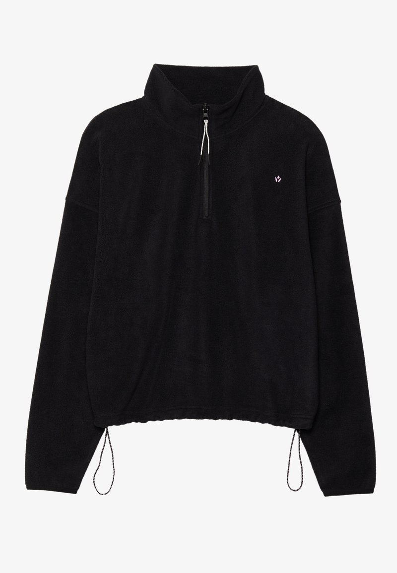 Mustakohvane fliispullover kõrge kaelusega, pooltõmbega sulgur ja reguleeritav allserv. Joonistab väikese logo rinnal ja on vabamates lõigetes.