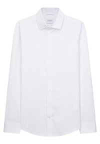 Camicia bianca a maniche lunghe con colletto classico, sottile trama e bottoni in madreperla lungo la parte anteriore. Vestibilità sartoriale con orlo arrotondato.
