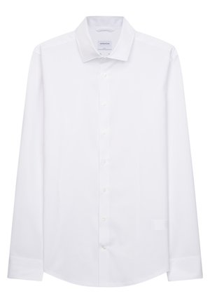 Weißes Langarm-Hemd mit Knopfleiste und klassischem Kragen, feiner Textur und Perlmuttknöpfen auf der Vorderseite. Taillierte Passform mit abgerundetem Saum.