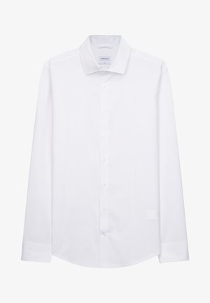 Weißes Langarm-Hemd mit Knopfleiste und klassischem Kragen, feiner Textur und Perlmuttknöpfen auf der Vorderseite. Taillierte Passform mit abgerundetem Saum.