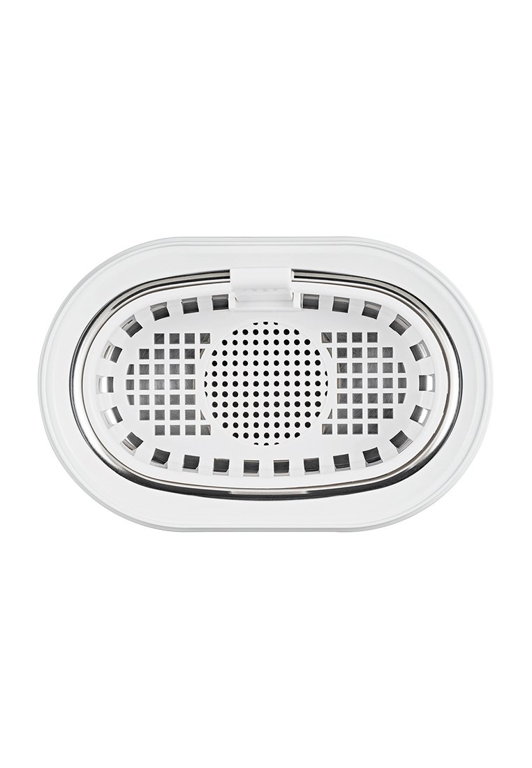 Couvercle de drain ovale blanc avec un motif de grille texturé et un cercle perforé central. Bords lisses et ouverture à charnière pour un accès facile.