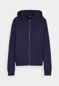 Sudadera con capucha azul marino con cremallera, capucha con cordón, bolsillos tipo canguro y puños acanalados. Fabricada con un tejido suave y cómodo. Diseño sencillo.