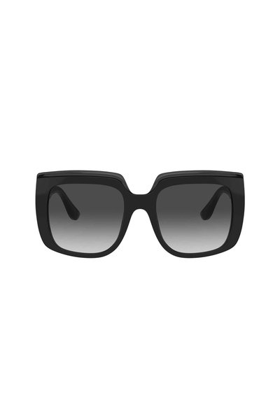 Occhiali da sole neri oversize a forma quadrata con lenti sfumate. Montatura in plastica liscia con un ampio ponte e bracci eleganti. Nessun logo visibile.