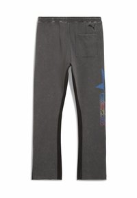 Gray sweatpants with an elastic waistband, featuring a back pocket and blue graphic detailing on the right side and black side panels.
