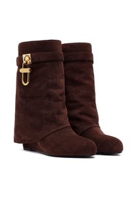 Brown suede ankle boots with a slouched design, rounded toe, and gold hardware accent. Features a buckle detail on the side.