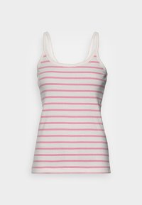 Biała koszulka na ramiączkach z cienkimi różowymi paskami, wykonana z prążkowanej bawełny. Posiada regulowane ramiączka i zaokrąglony dekolt.