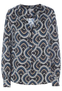 Blouse ample à manches longues, avec une base marine, des motifs géométriques en vagues bleues, marron et crème, et un décolleté en V.