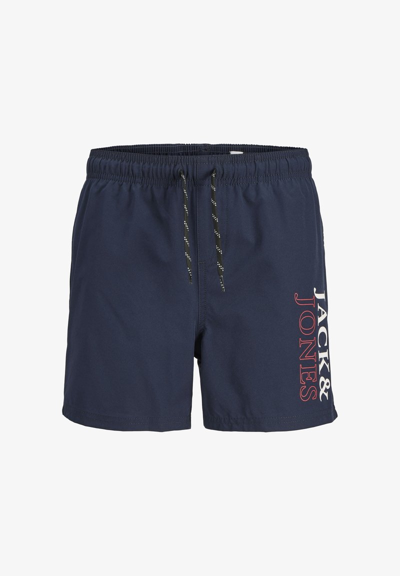 Navyblauwe zwembroek met elastische taille, zwarte koord en "JACK & JONES" in witte en rode letters op het linkerpantalon.