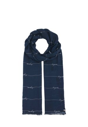 Navy blue scarf with light horizontal lines and repeated cursive "bugatti" text, finished with short fringes at both ends.