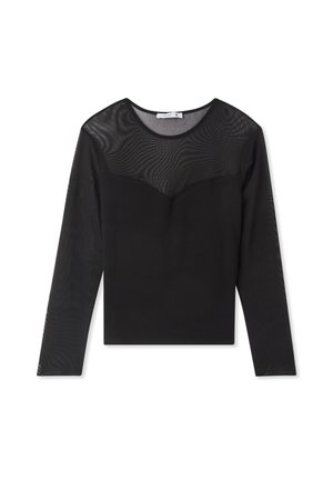 Top nero a maniche lunghe con un pannello superiore in rete trasparente, parte inferiore solida, scollatura rotonda e design aderente. Presenza di una texture sulla superficie.