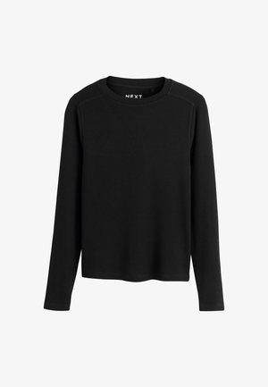 Crna majica dugih rukava izrađena od rebraste tkanine. Okrugli izrez s pojačanim šavovima duž ramena i ravni donji rub. Nema vidljivih uzoraka.